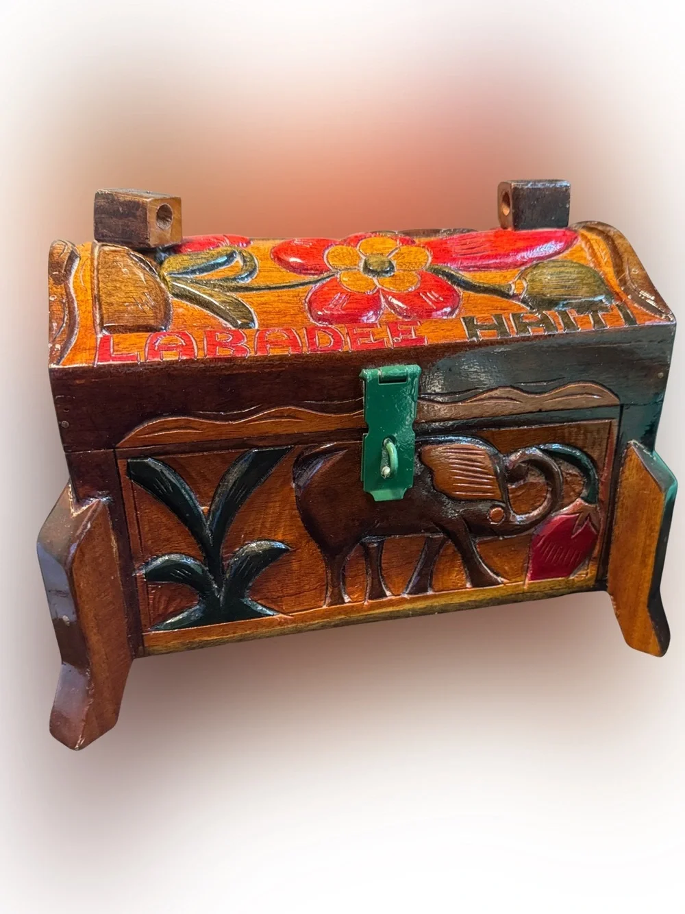 Hand-Carved Wooden Decorative Trunk - Multicolor